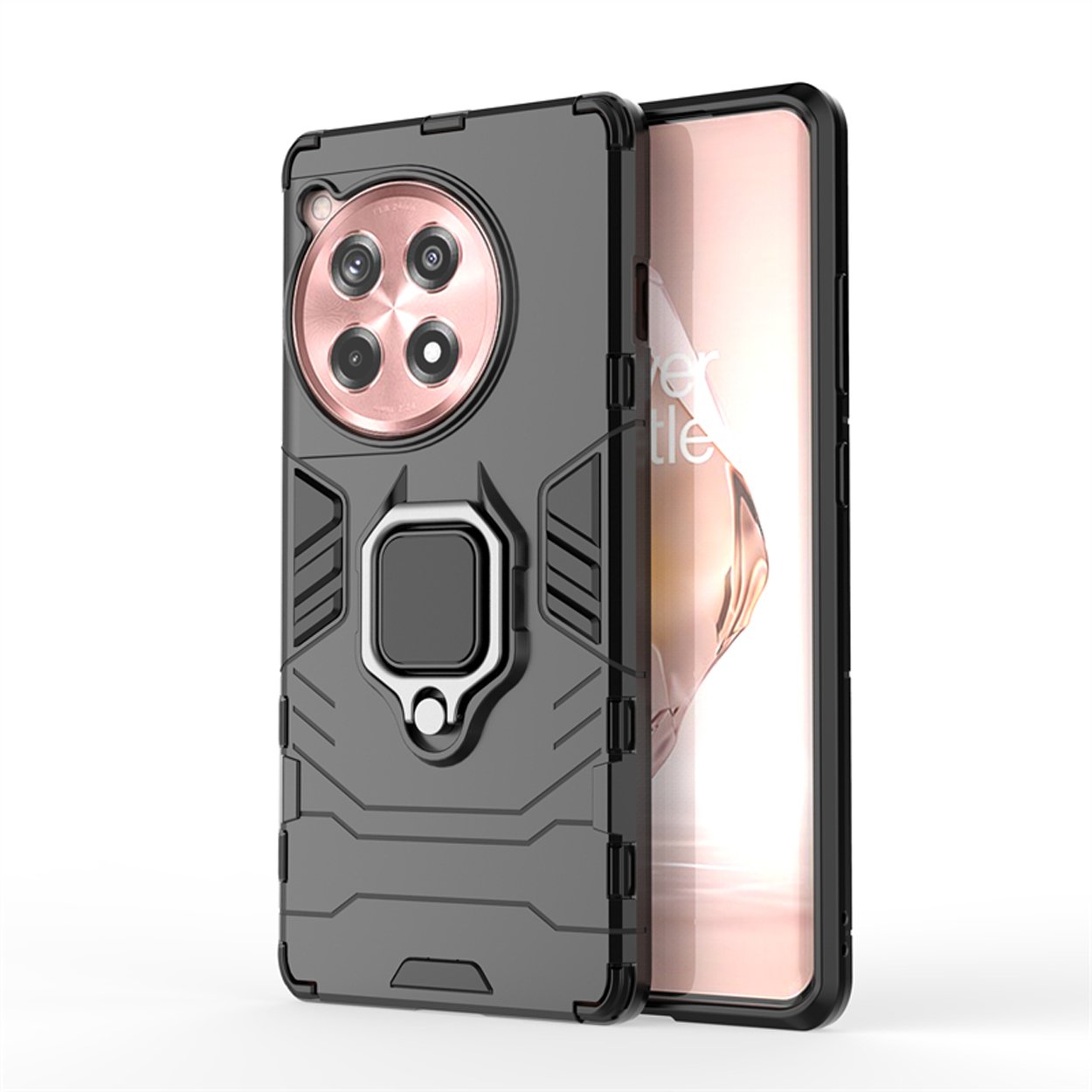 Donkergrijze telefoonhoes met camerabult en ringhouder, houdt een telefoon met lichte achtergrond vast.