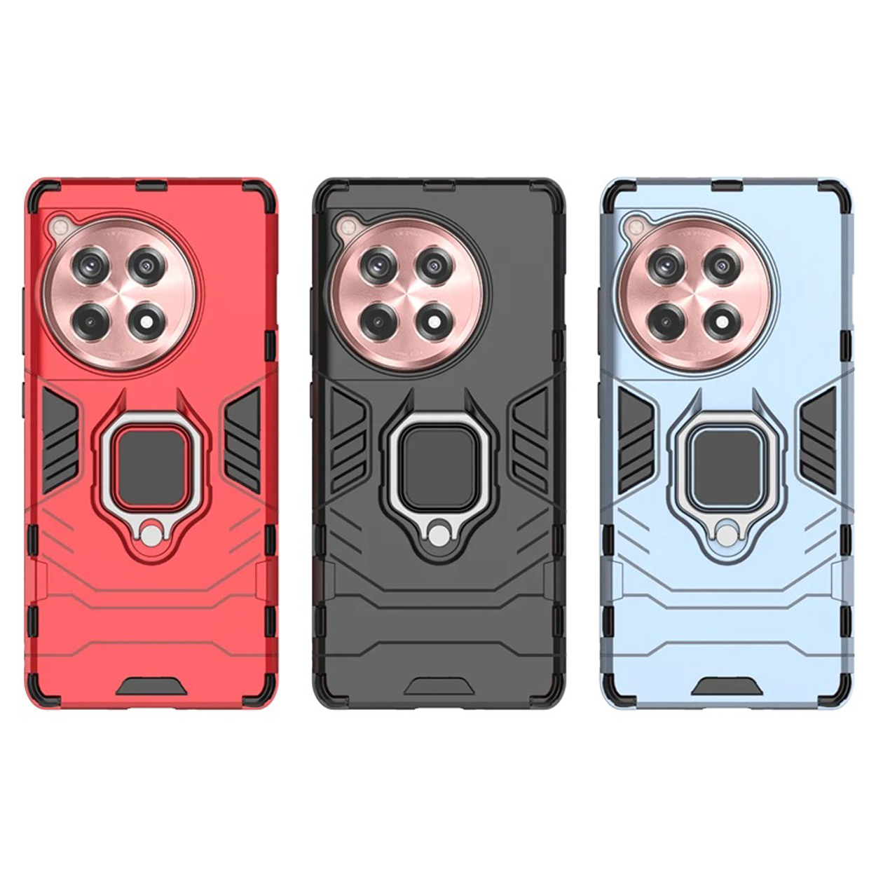 Trois coques de téléphone colorées (rouge, noir, bleu), avec appareil photo et anneau de doigt.