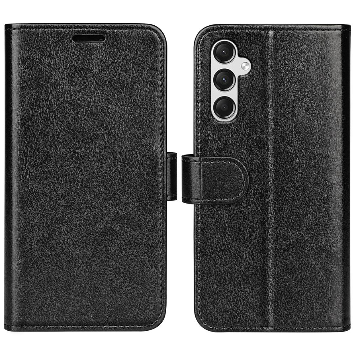 Zwarte leren telefoonhoes. Open, met telefoon- en camera-uitsparing. Gesloten, met een magnetische sluiting.