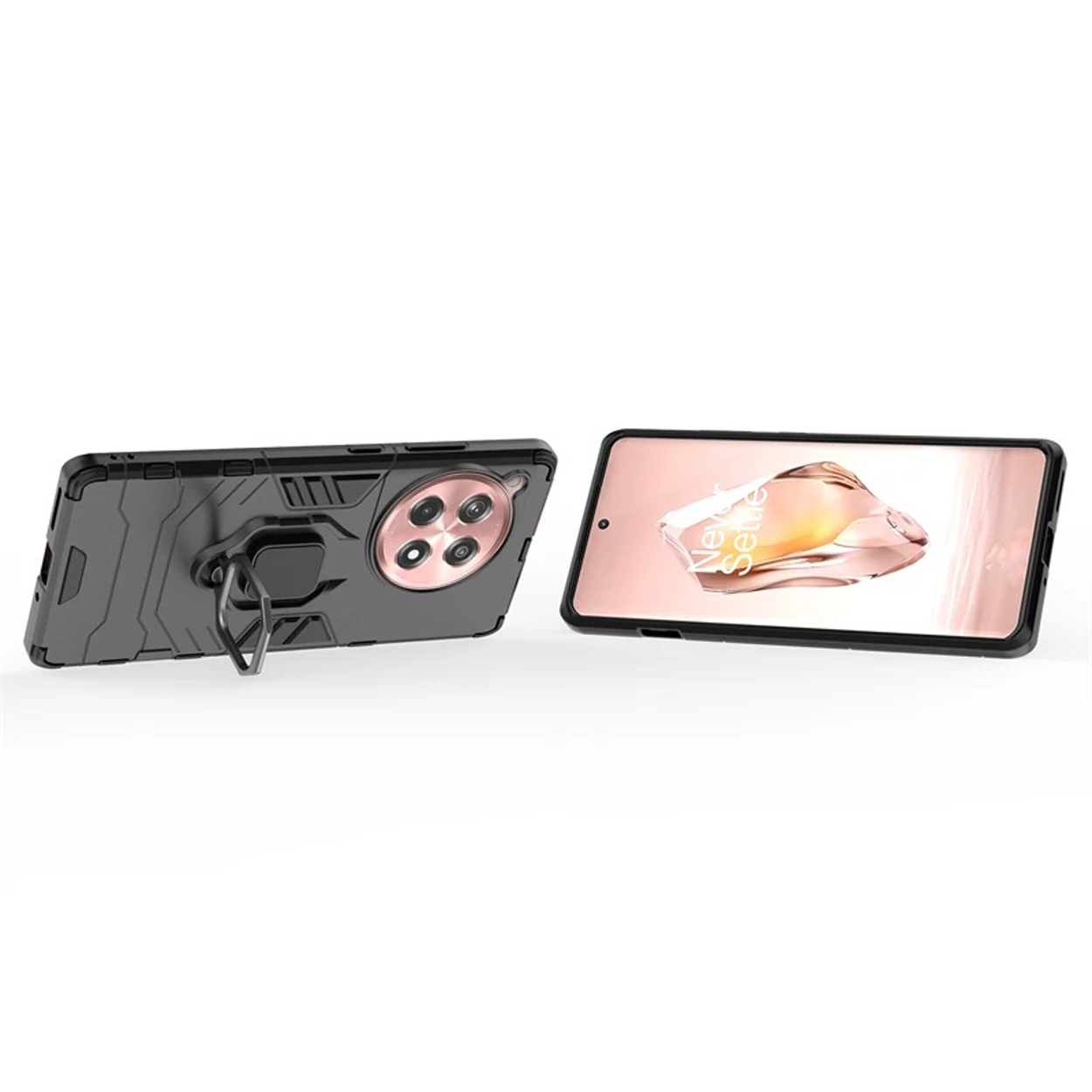 Coque de téléphone noire avec support d'anneau, téléphone sur le côté.
