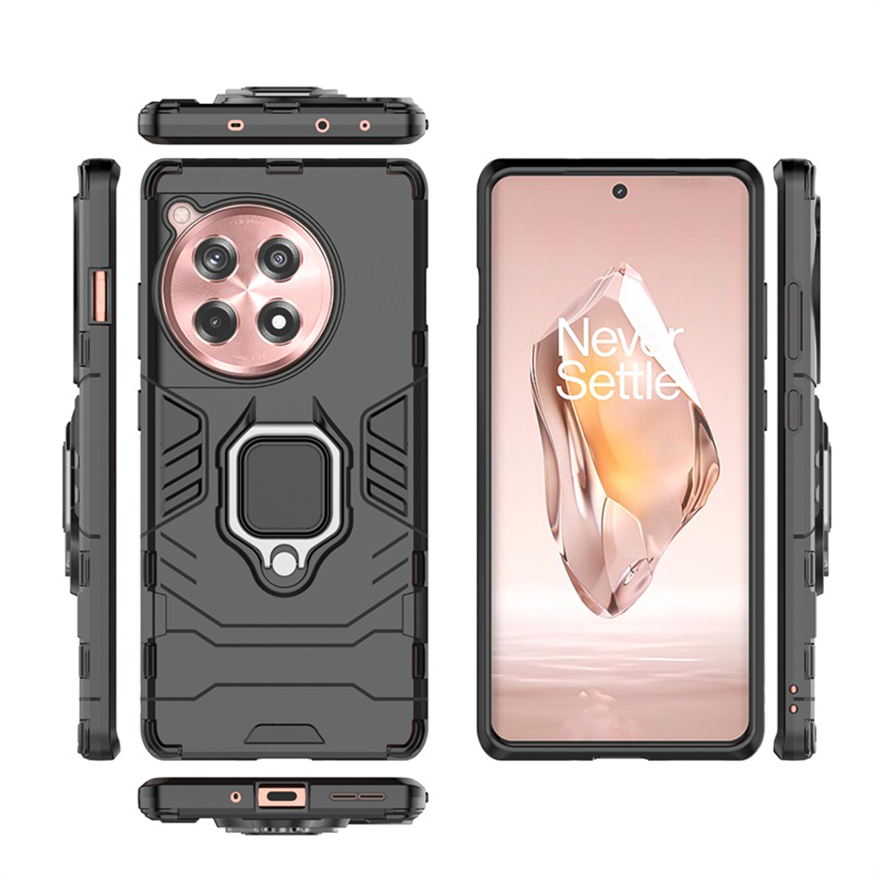 Coque de téléphone avec plusieurs vues, montrant un téléphone avec un écran rose et blanc.