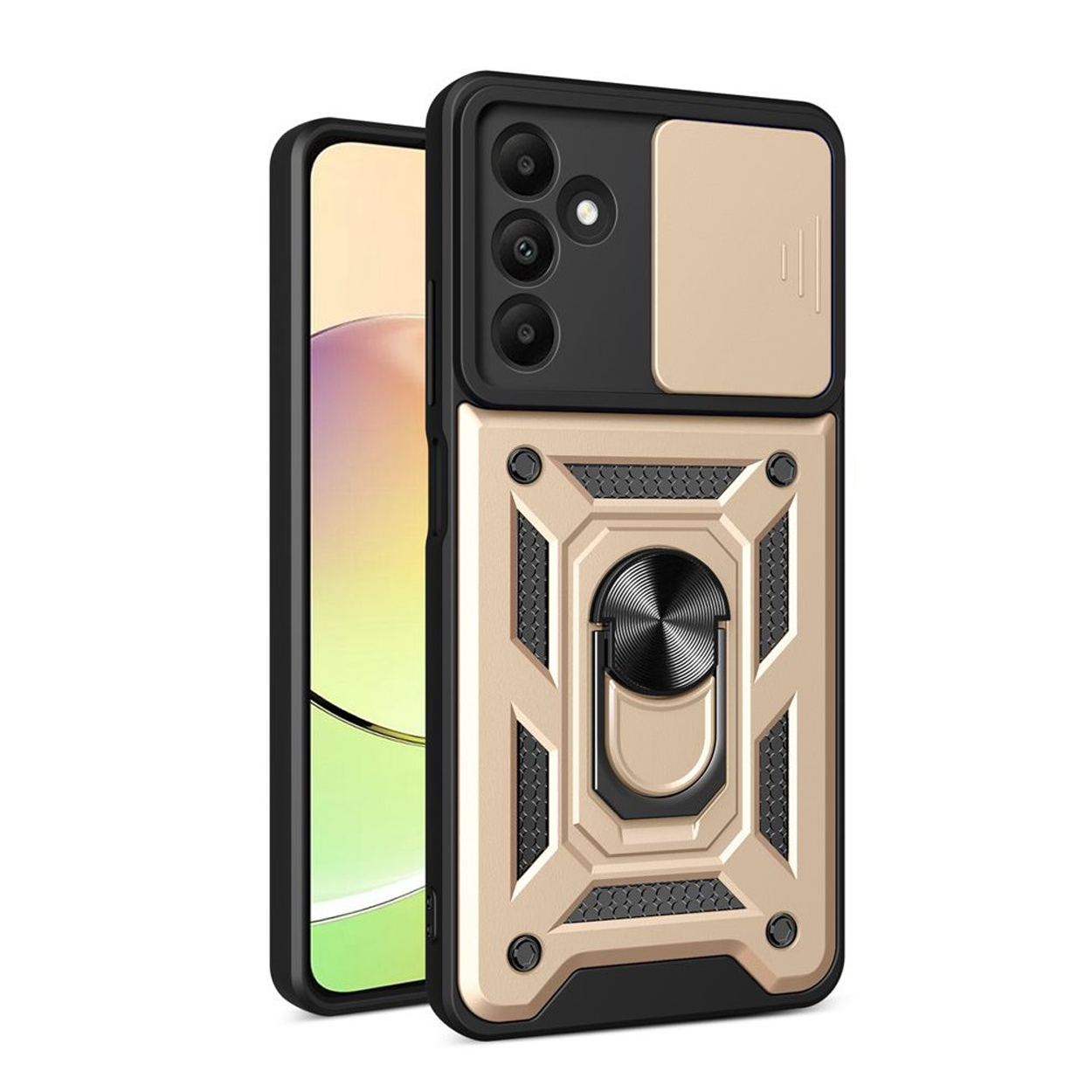 Goud en zwarte telefoonhoes met een standaard. De hoes heeft een camerahoes. De telefoonhoes staat rechtop.