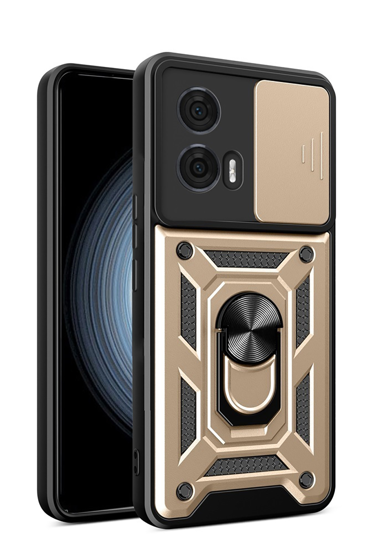 Zwarte en gouden telefoonhoes. Telefoon in hoes. Gouden ring. Zwart telefoonscherm. Witte achtergrond.