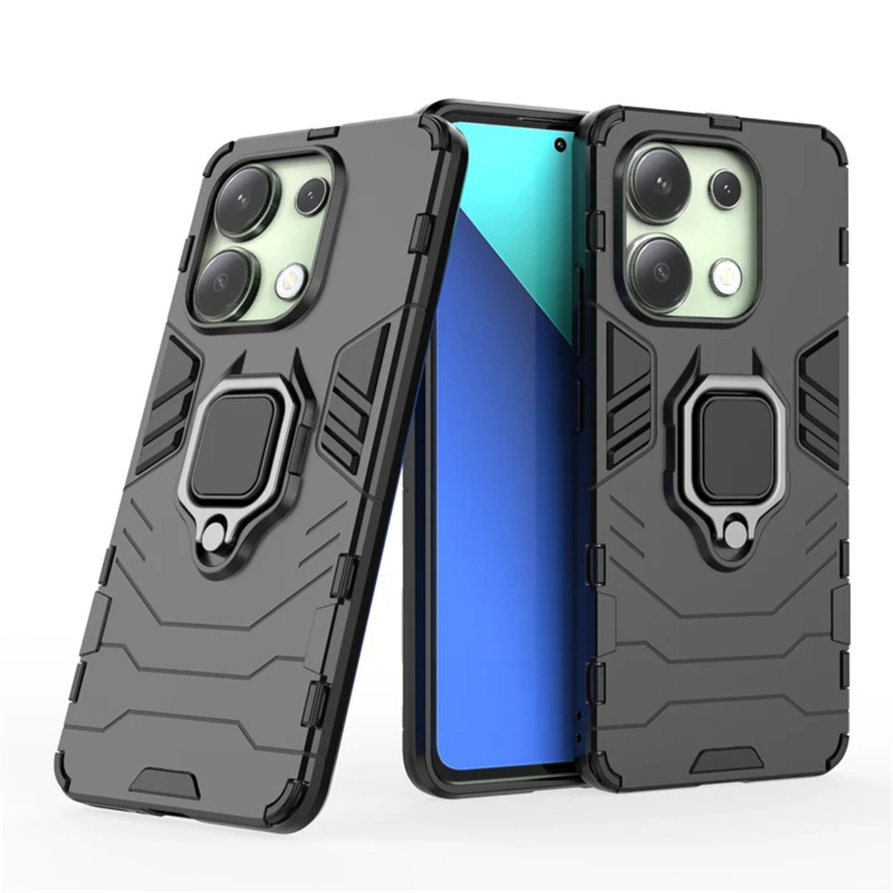 Étui de téléphone gris avec deux téléphones à l'intérieur. Un avec écran, l'autre vide. Anneau.