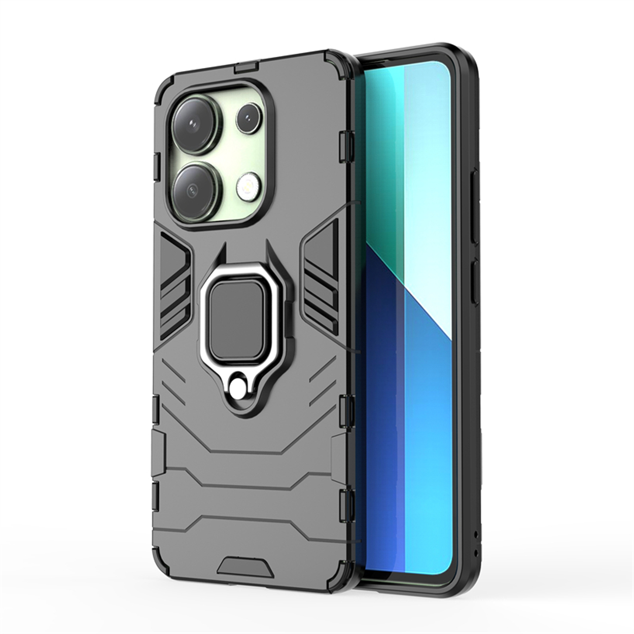 Coque de téléphone grise avec un support d'anneau. Le téléphone est sur le côté droit.