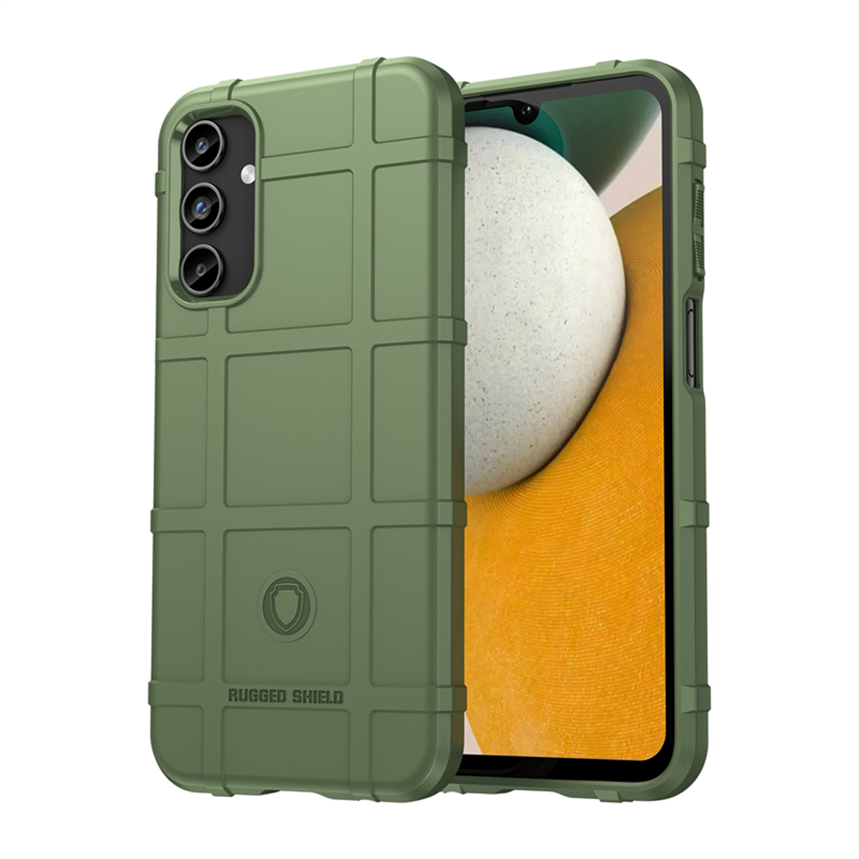 Coque de téléphone robuste verte avec motif quadrillé, couvrant l'arrière et les côtés du téléphone.