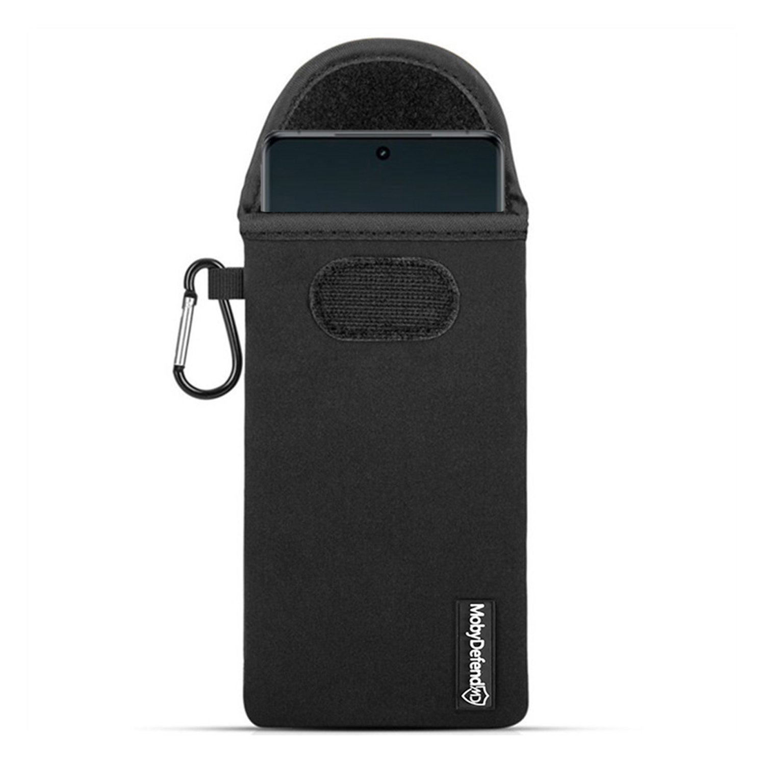 Housse de téléphone noire avec haut noir et mousqueton.