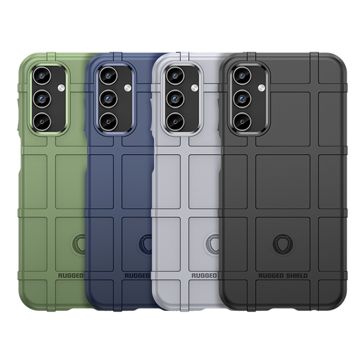 Vier telefoonhoesjes in groen, blauw, grijs en zwart. Alle hebben een getextureerd rasterpatroon en camera-openingen.