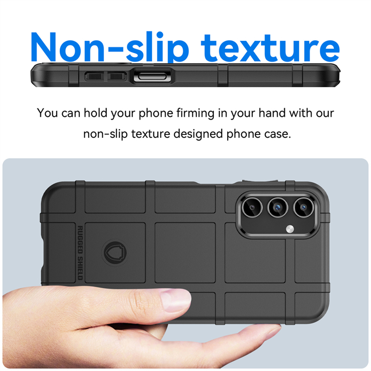 Zwarte telefoonhoes met een getextureerd oppervlak, een hand die hem vasthoudt, tekst over antisliptextuur.