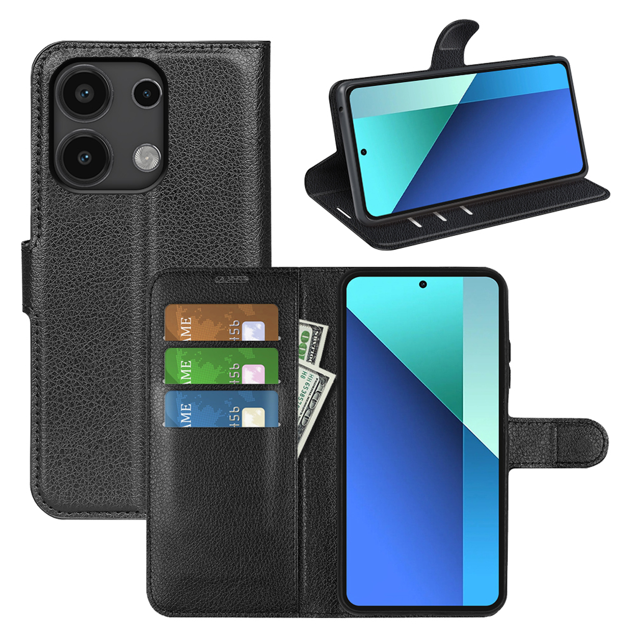 Zwarte telefoonhoes open. Telefoon met schermontwerp. Kaarten en geld zichtbaar.