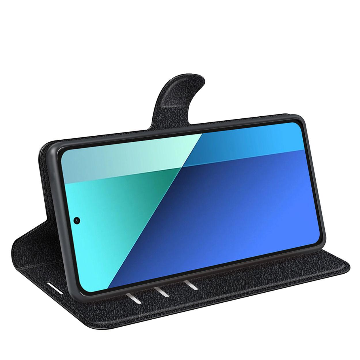 Een zwarte leren telefoonhoes houdt een telefoon vast met een blauw-witte afbeelding. De hoes is open.