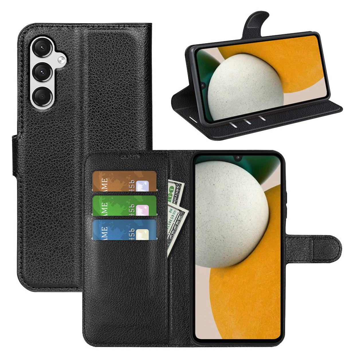 Étui de téléphone en cuir noir. Ouvert, avec des cartes et de l'argent. Téléphone visible, montrant l'écran.