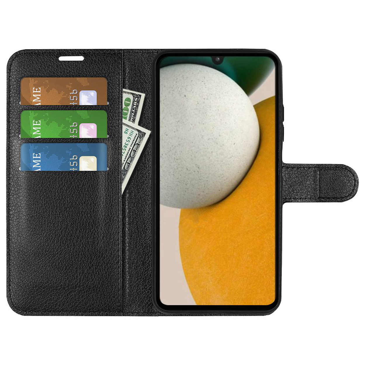 Étui de téléphone en cuir noir ouvert, montrant des cartes et de l'argent. Un téléphone est à l'intérieur.