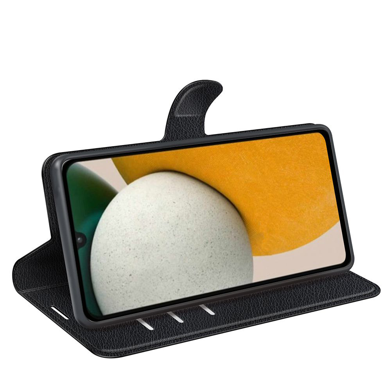 Coque de téléphone noire avec un téléphone affichant une grande sphère blanche sur un fond flou.