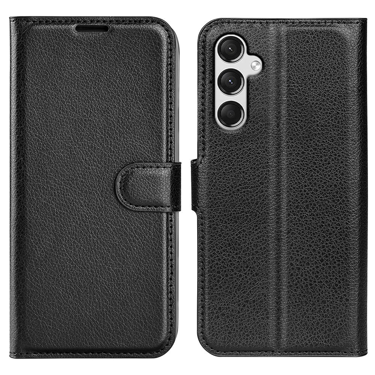 Deux étuis de téléphone en cuir noir, fermés et ouverts. Les deux montrent la zone de la caméra du téléphone. Fond blanc.