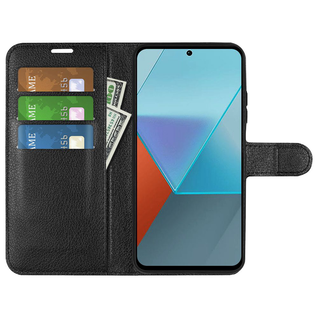 Zwarte telefoonhoes open, met creditcards, contant geld en een telefoon met een kleurrijk scherm.