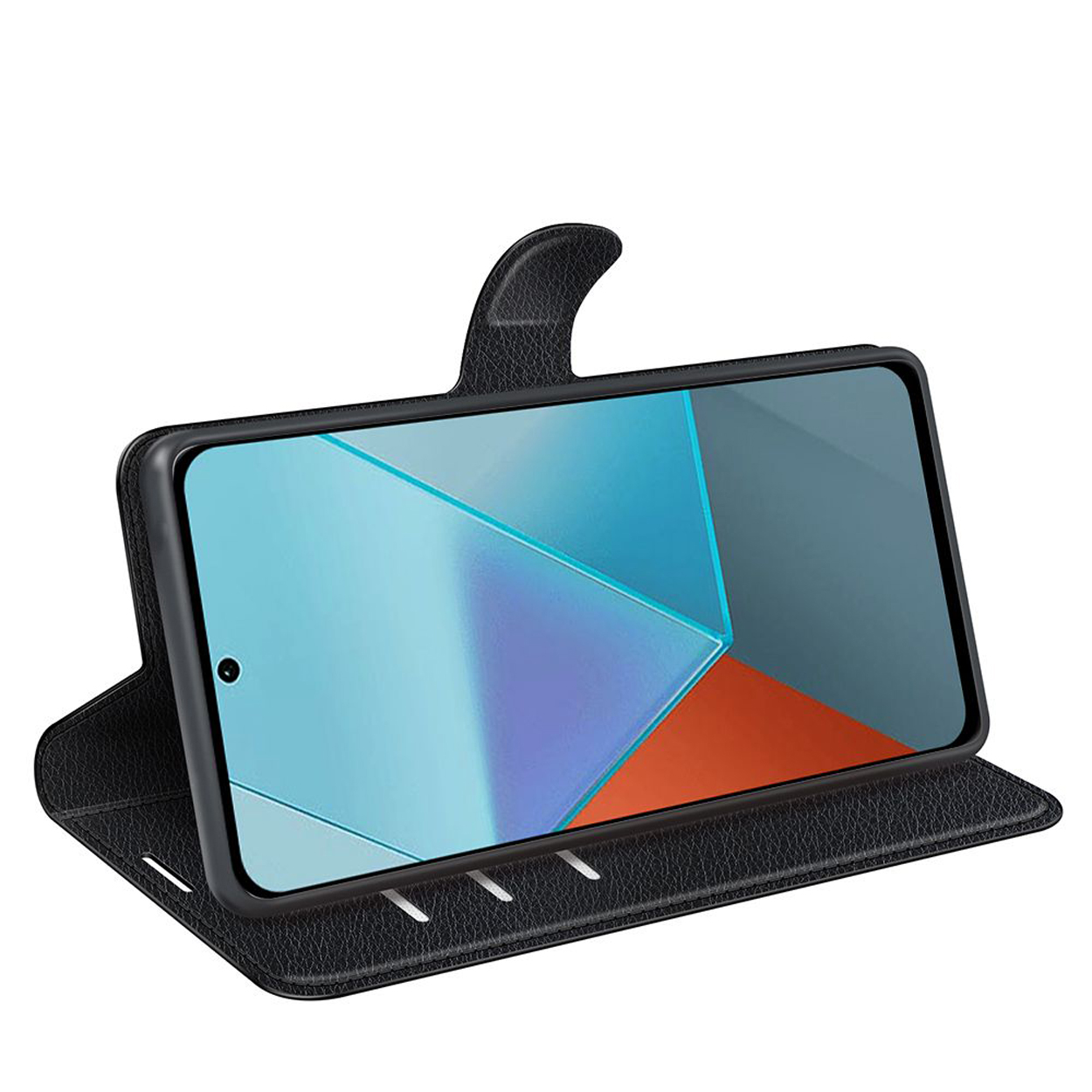 Zwarte telefoonhoes open. Telefoon met schermontwerp. Zwarte hoes met magnetische sluiting.