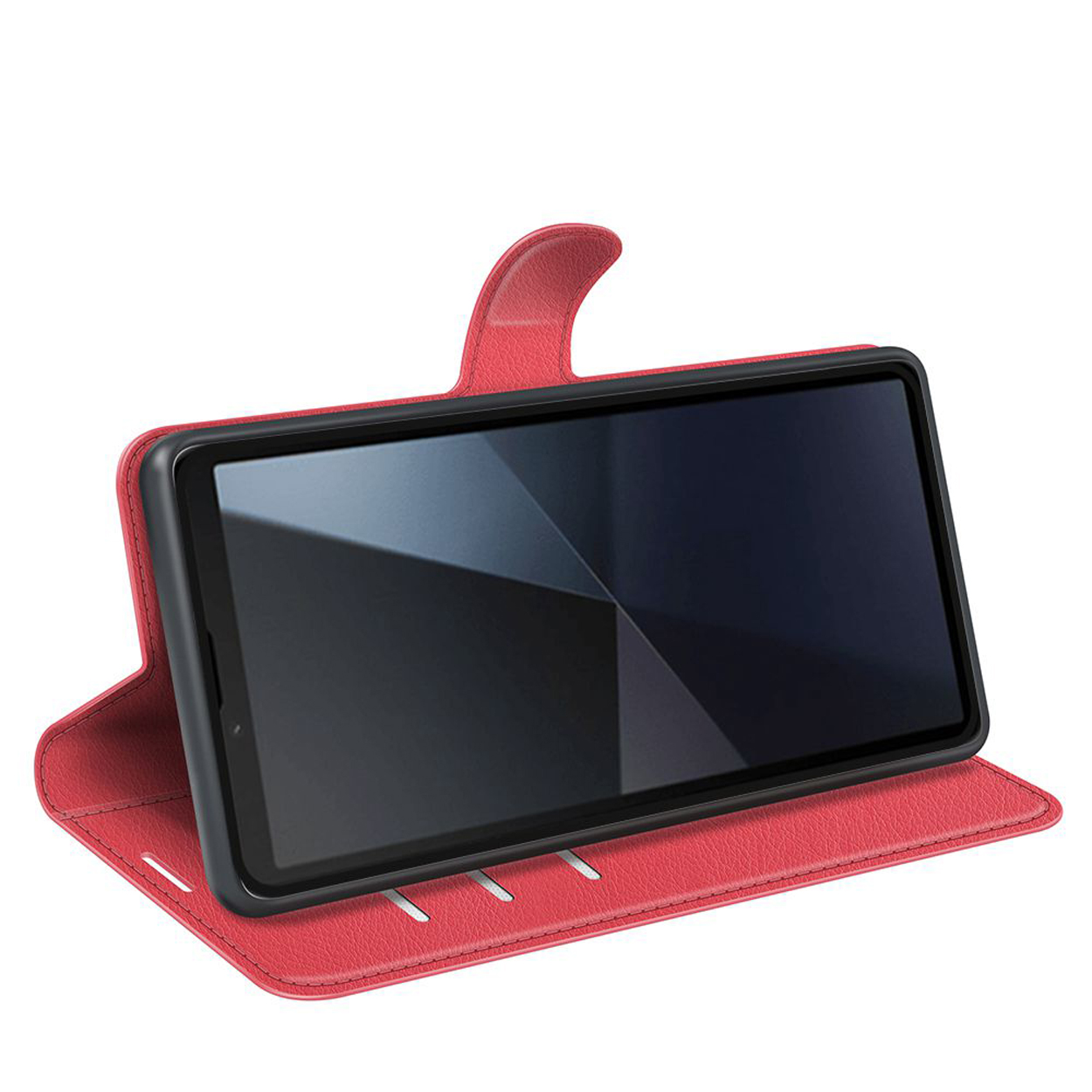 Rode leren telefoonhoes, open, met telefoon erin. Telefoon is zwart, scherm zichtbaar, witte achtergrond.