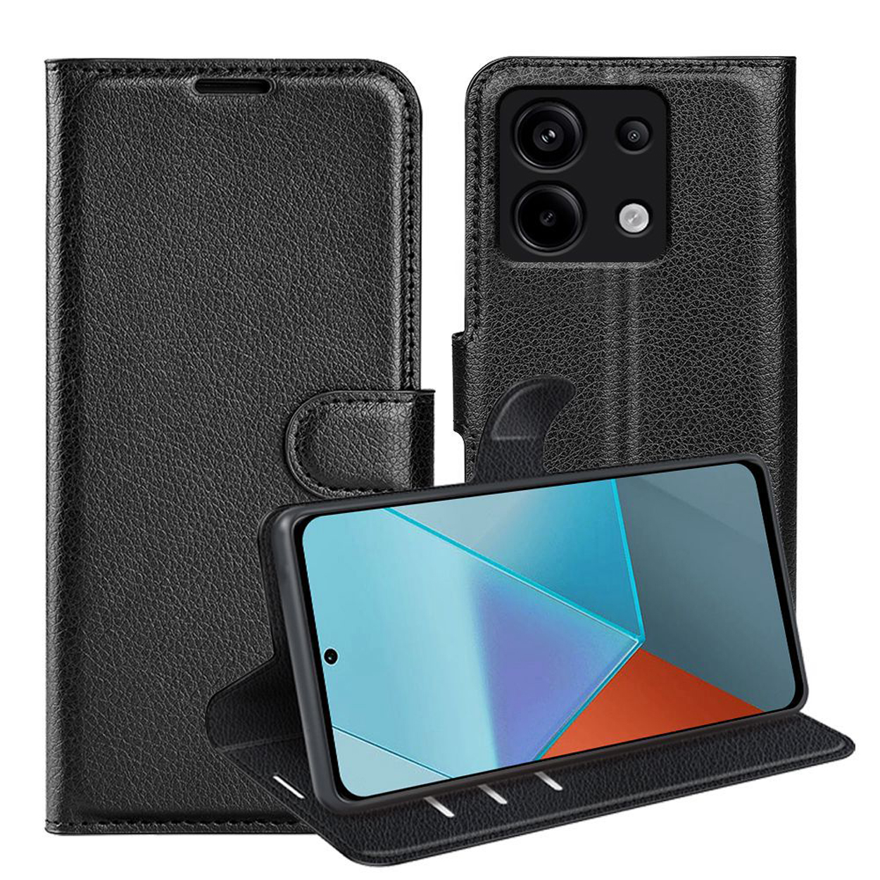 Een zwarte leren telefoonhoes. De telefoon toont een patroon van blauw, oranje en wit.