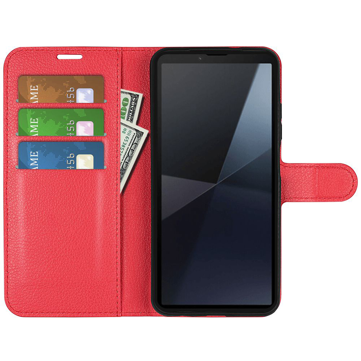Rode telefoonhoes met kaarten en geld. Telefoon toont zwart scherm.
