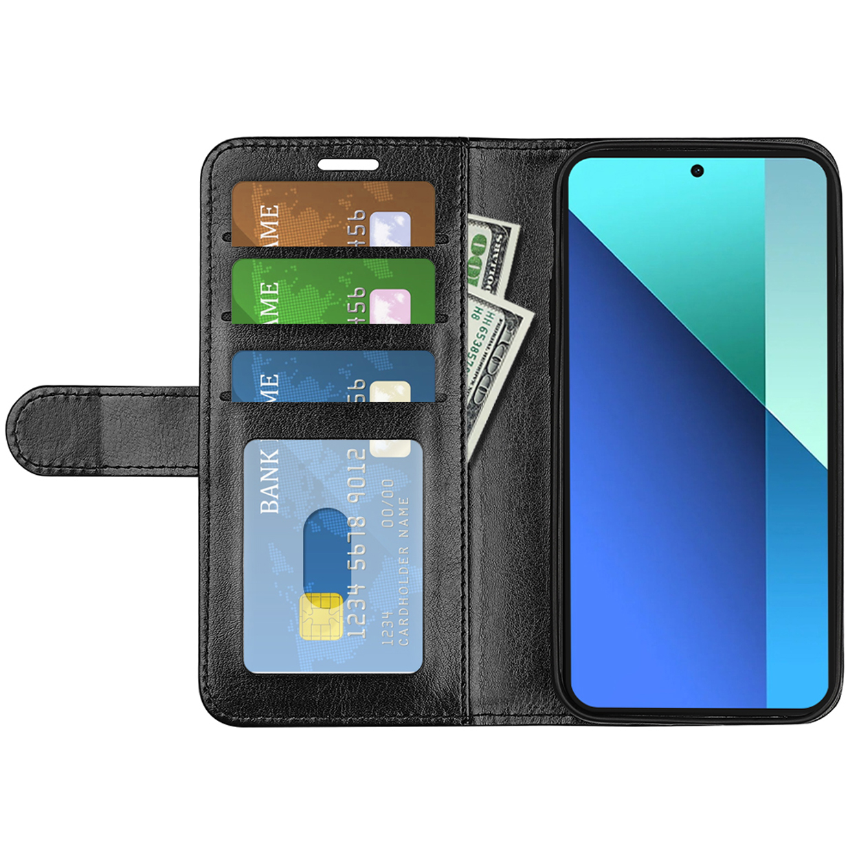 Zwarte telefoonhoes met kaarten, contant geld en een telefoon. Meerdere weergaven.