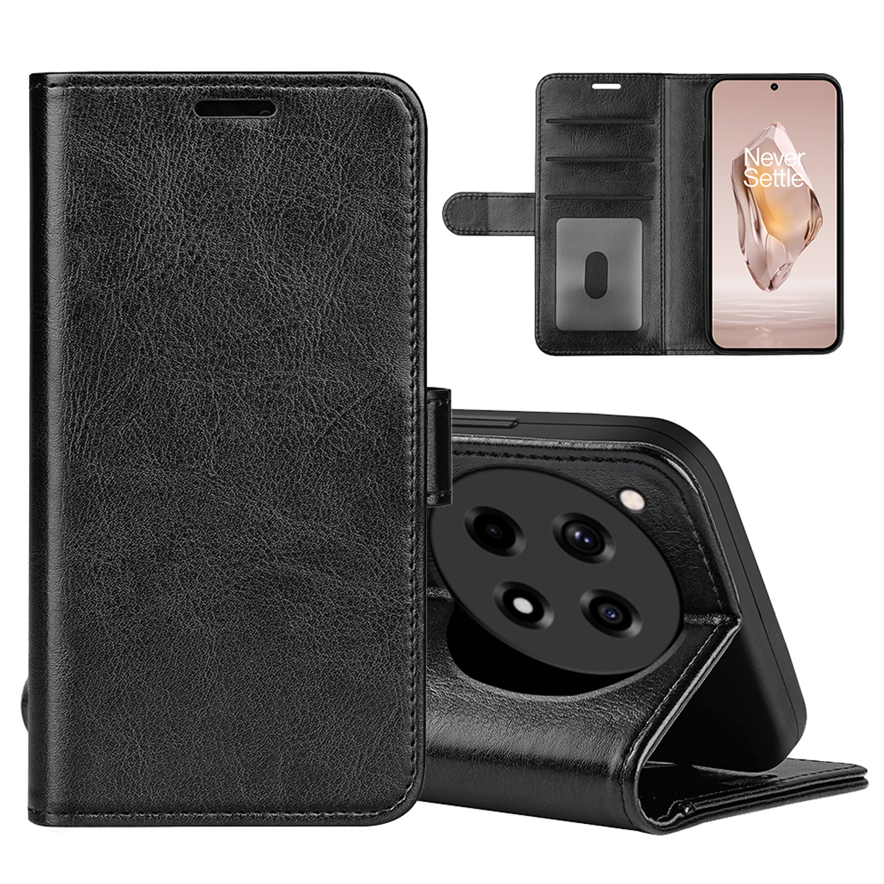 Zwarte leren portemonnee telefoonhoes met een telefoon, kaarten en de tekst 'Never Settle' op het scherm.