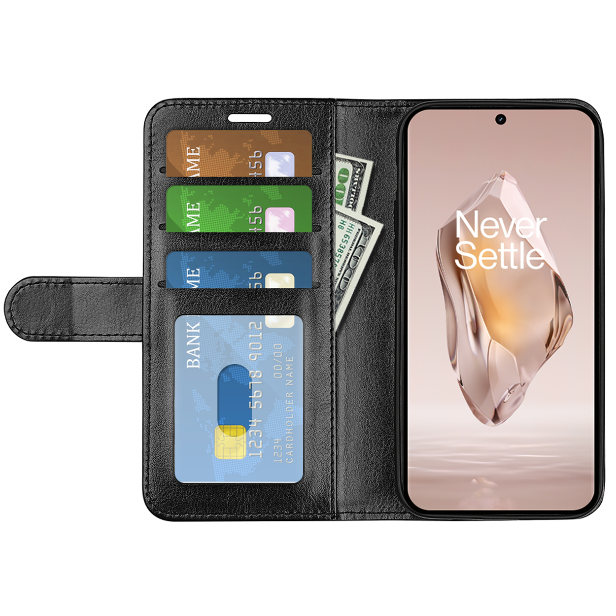 Zwarte telefoonhoes open. Telefoon met 'Never Settle'. Kaarten en geld.