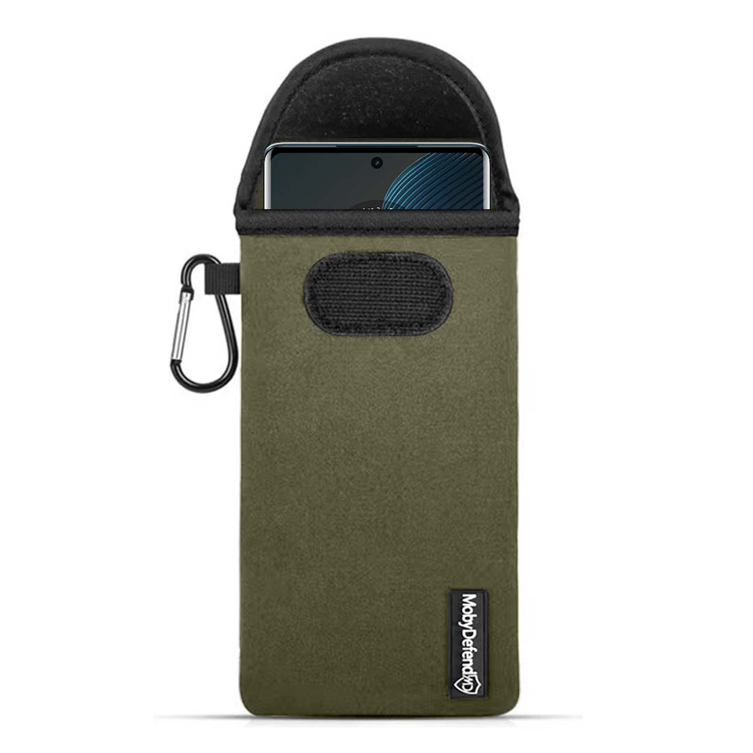 Olijfgroene telefoonzak, met een gedeeltelijk zichtbare telefoon en een karabijnhaak.