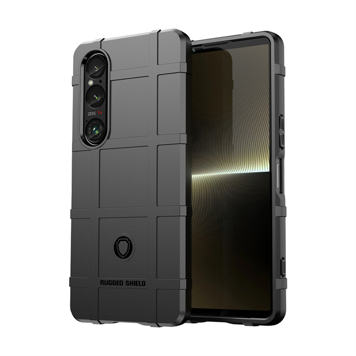 Zwarte robuuste telefoonhoes. Een telefoon zit in de hoes. De hoes heeft een textuurontwerp.