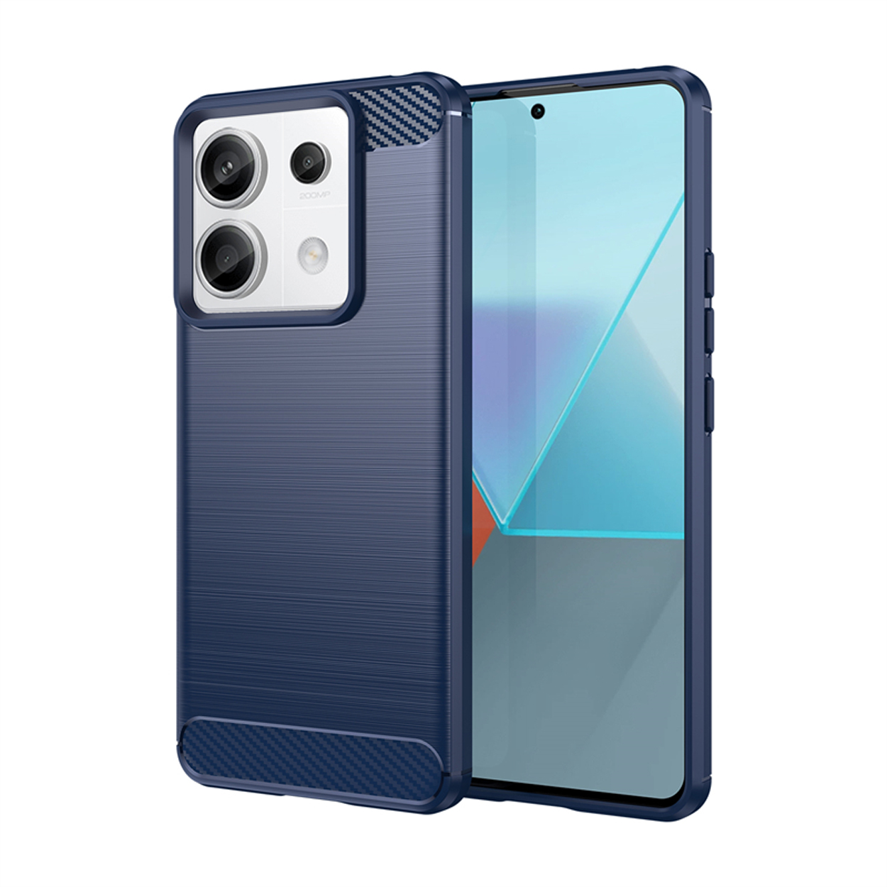 Blauwe telefoonhoes met telefoon erin. Kenmerken: camera en textuuroppervlak.
