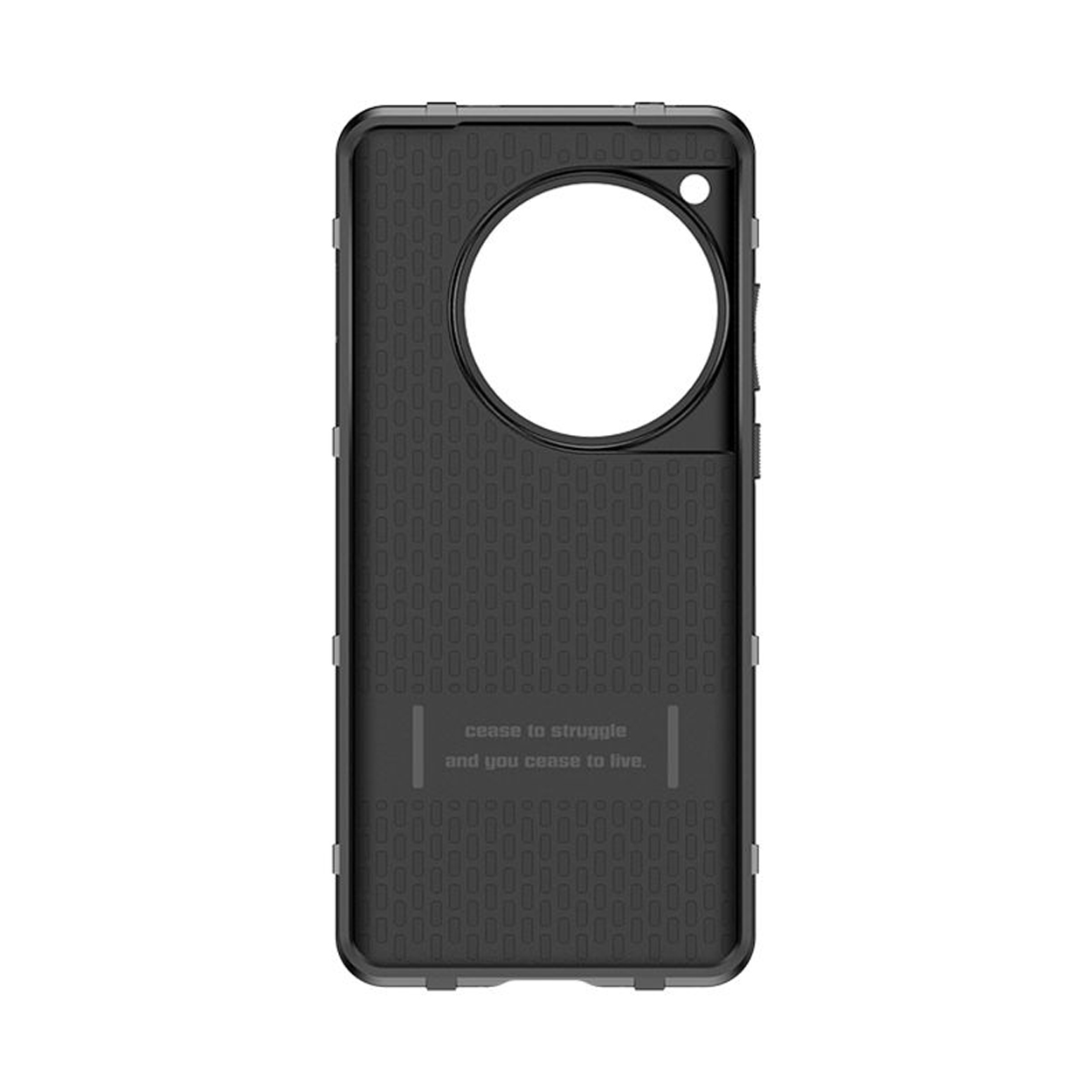 Coque de téléphone noire avec une découpe circulaire et une citation de motivation.