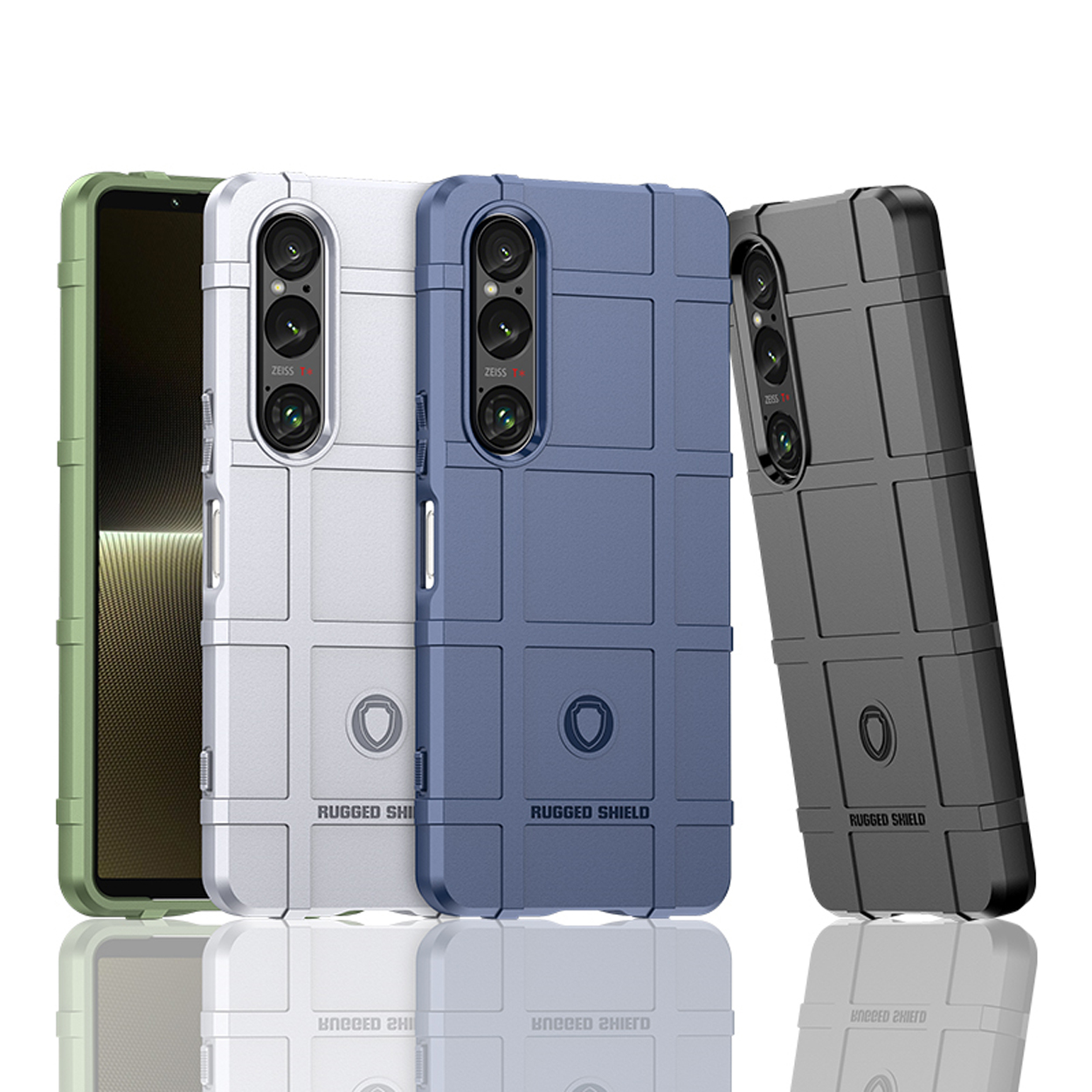 Drie telefoonhoesjes, verschillende kleuren: groen, wit en blauw, met een textuurontwerp.