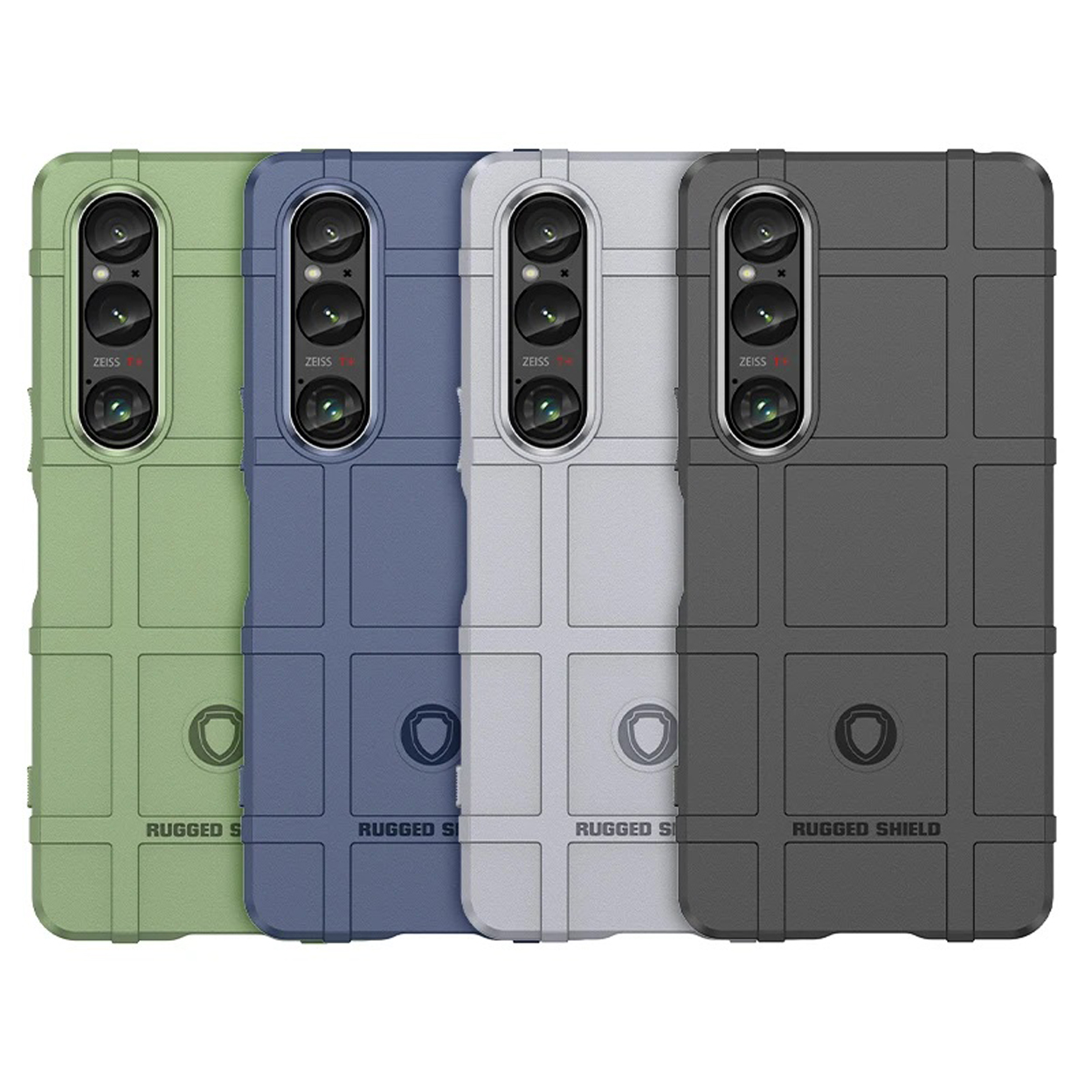 Vier telefoonhoesjes in groen, blauw, grijs en zwart.
