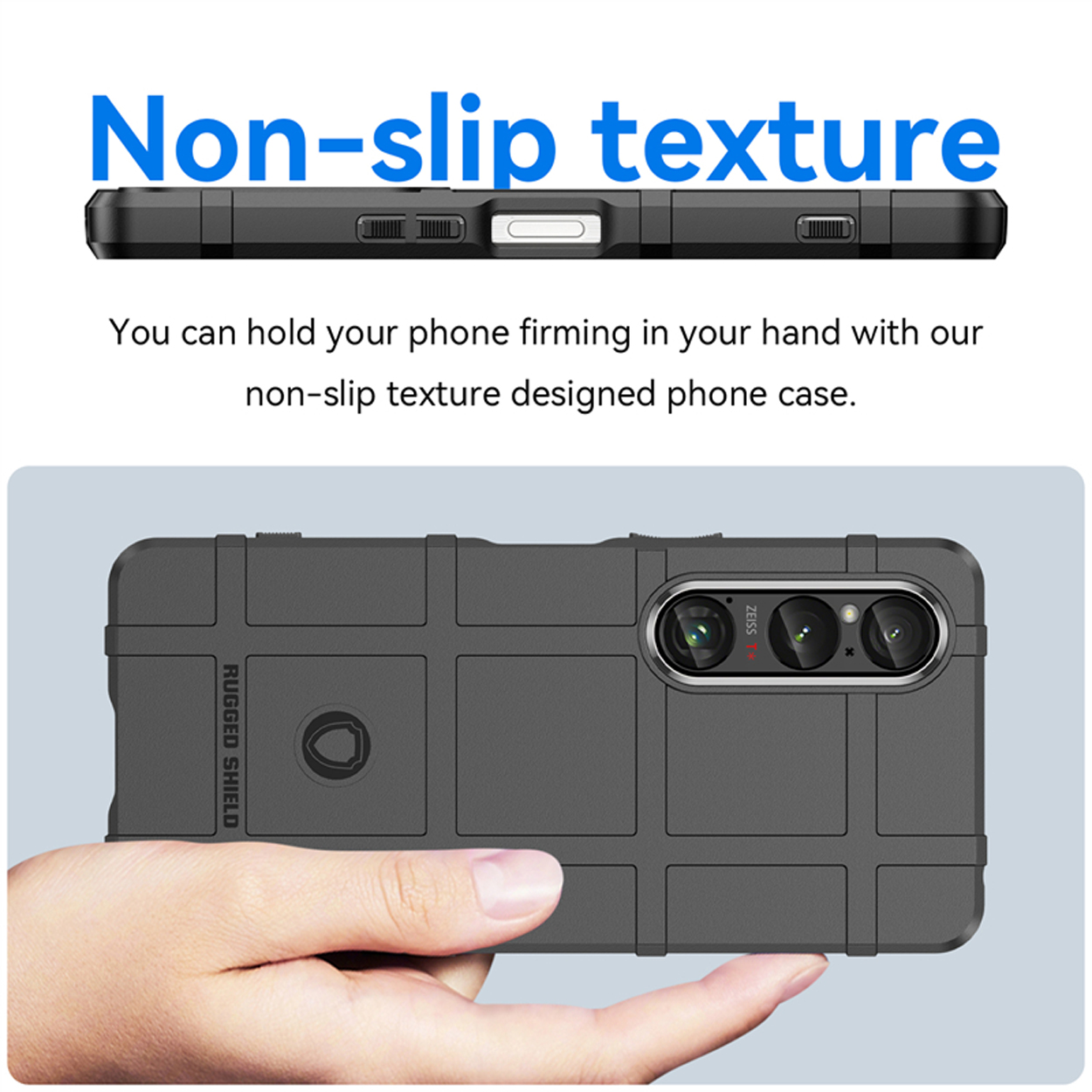 Een zwarte telefoonhoes met een zwarte telefoon. De hoes heeft een antislip textuur.