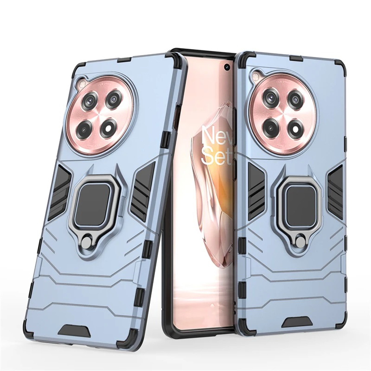 Étui de téléphone bleu clair avec deux téléphones. Support d'anneau et caméra. L'écran du téléphone est visible.