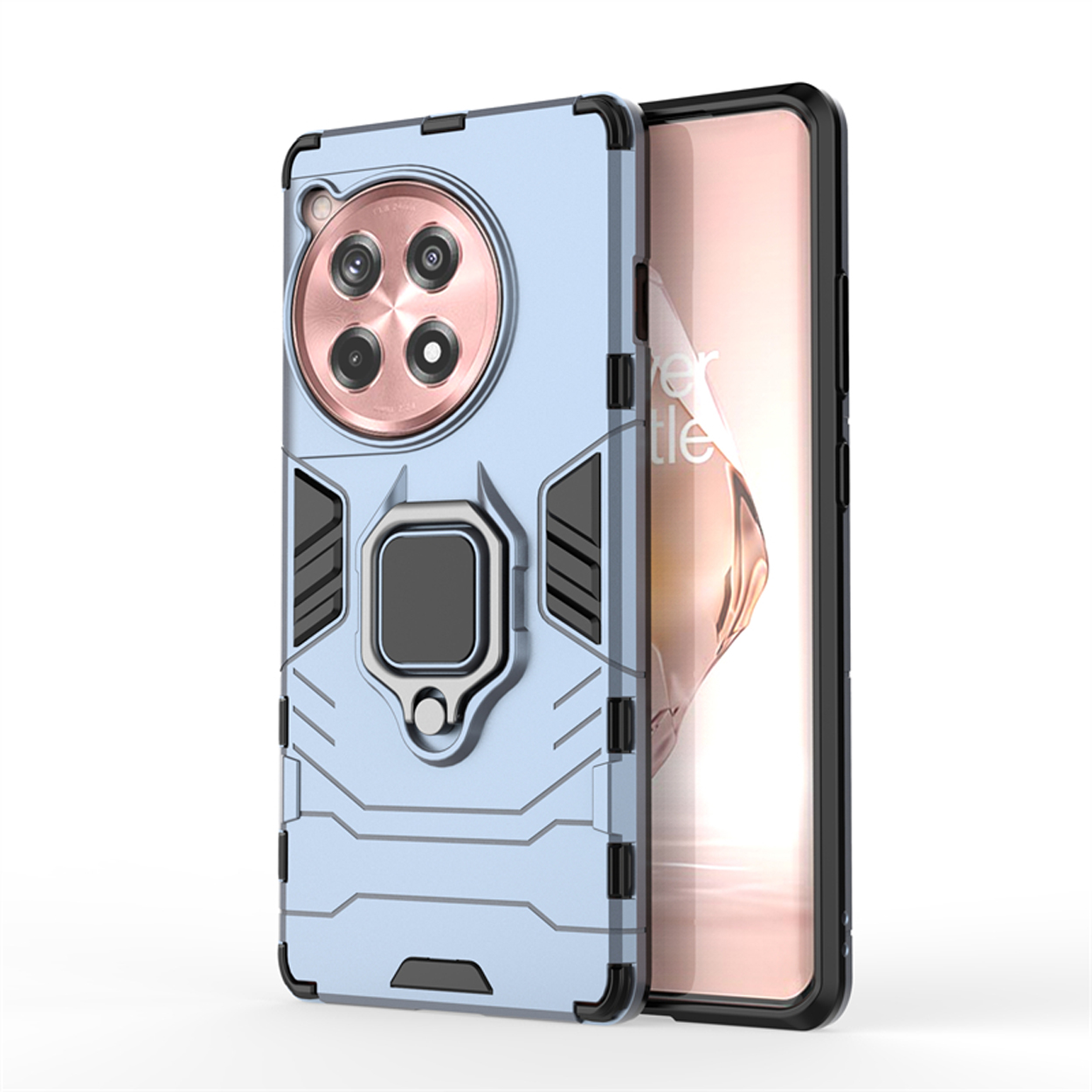 Étui de téléphone bleu, gris et or rose avec un téléphone à l'intérieur sur fond blanc.