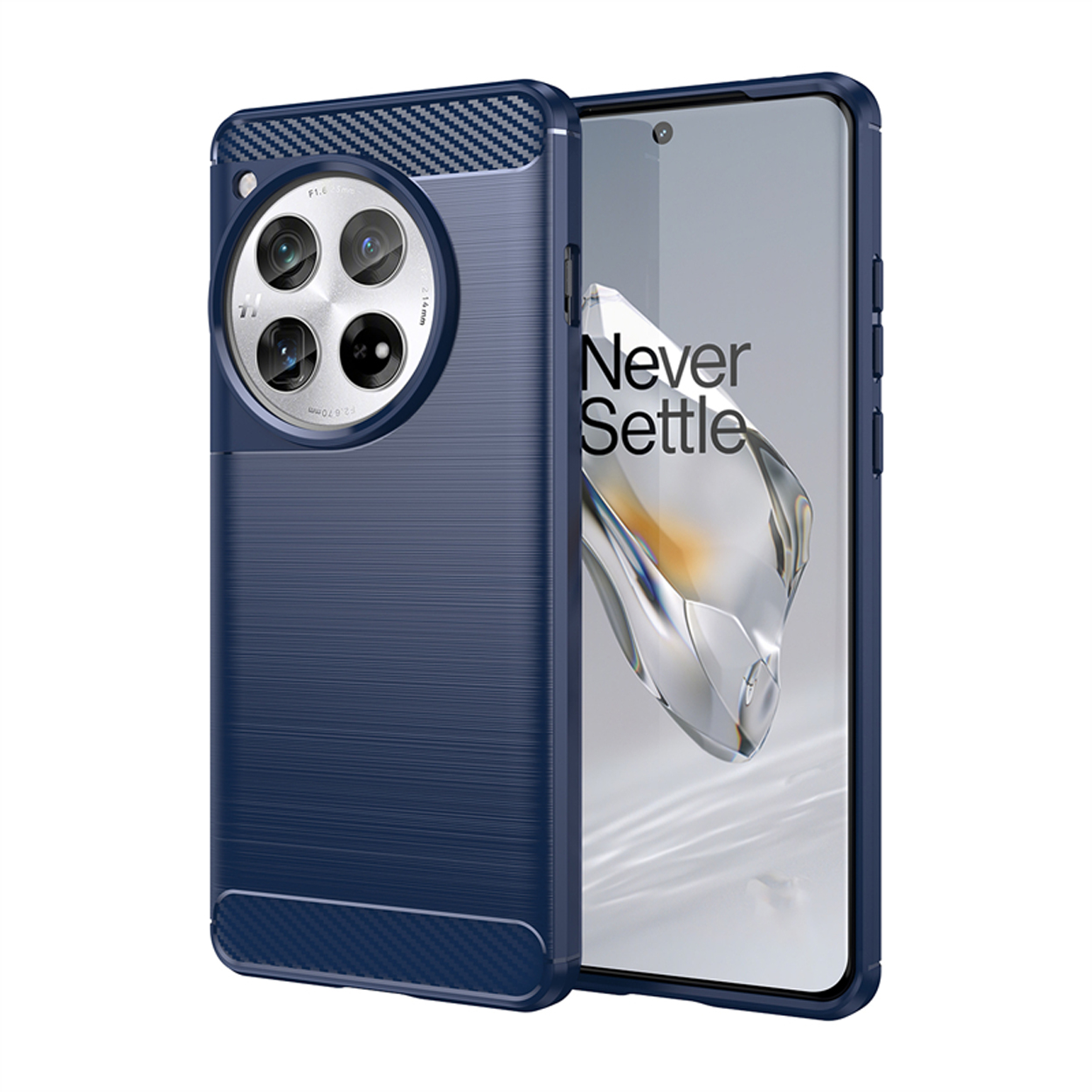 Blauwe telefoonhoes met telefoon erin, met een getextureerde achterkant en een Never Settle-scherm.