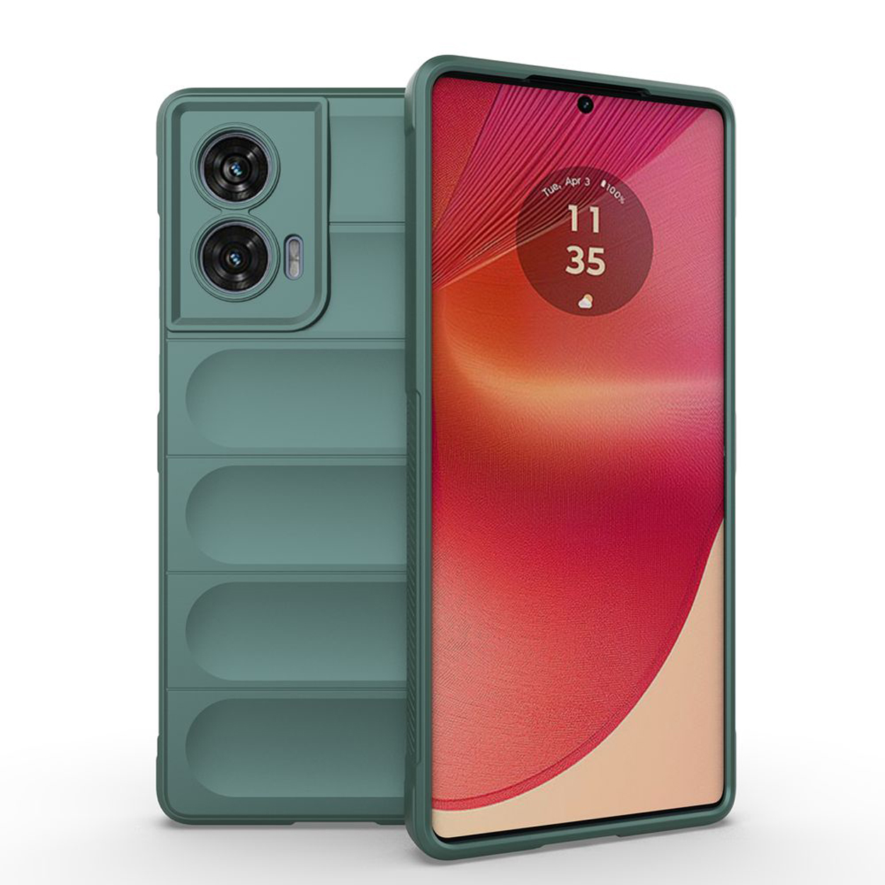 Groene telefoonhoes met een telefoon die de tijd toont. De hoes heeft een robuust ontwerp.