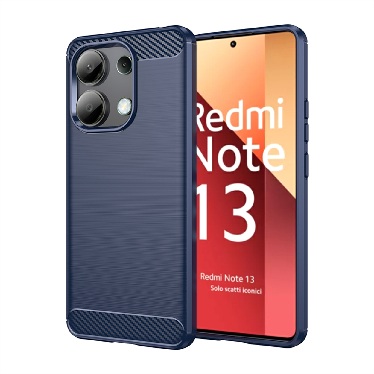 Blauwe telefoonhoes met tekst 'Redmi Note 13'. De hoes heeft een gestructureerd patroon.