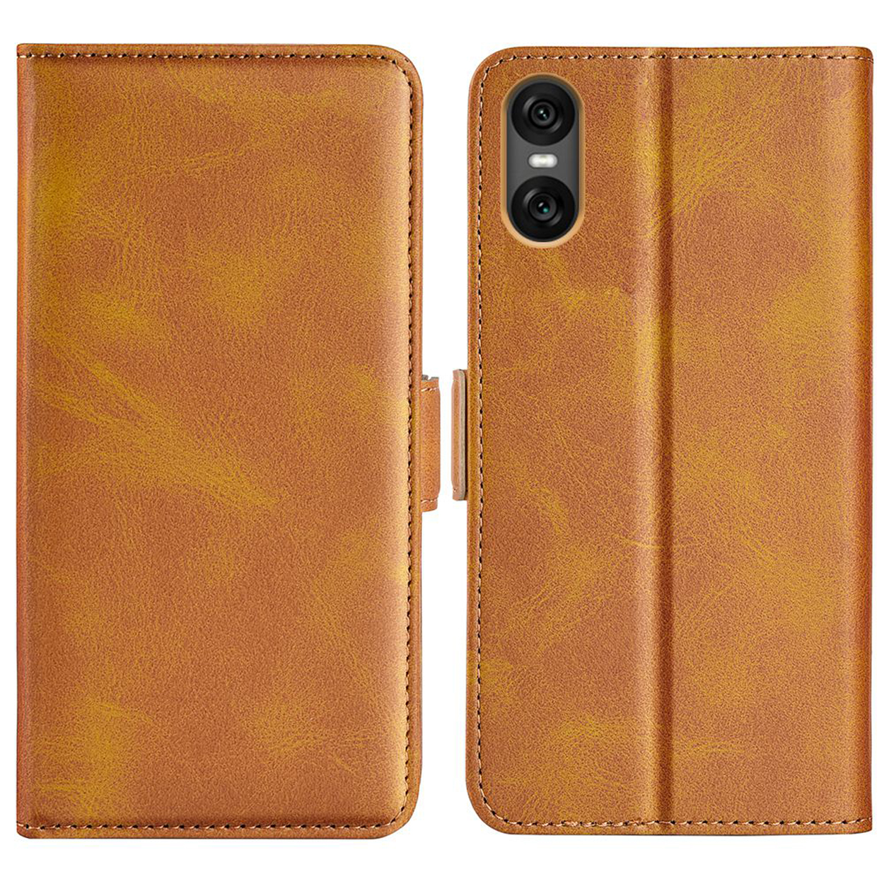 Bruine leren telefoonhoes. Open, met telefoon- en camera-uitsparing. Gesloten, met een magnetische sluiting.