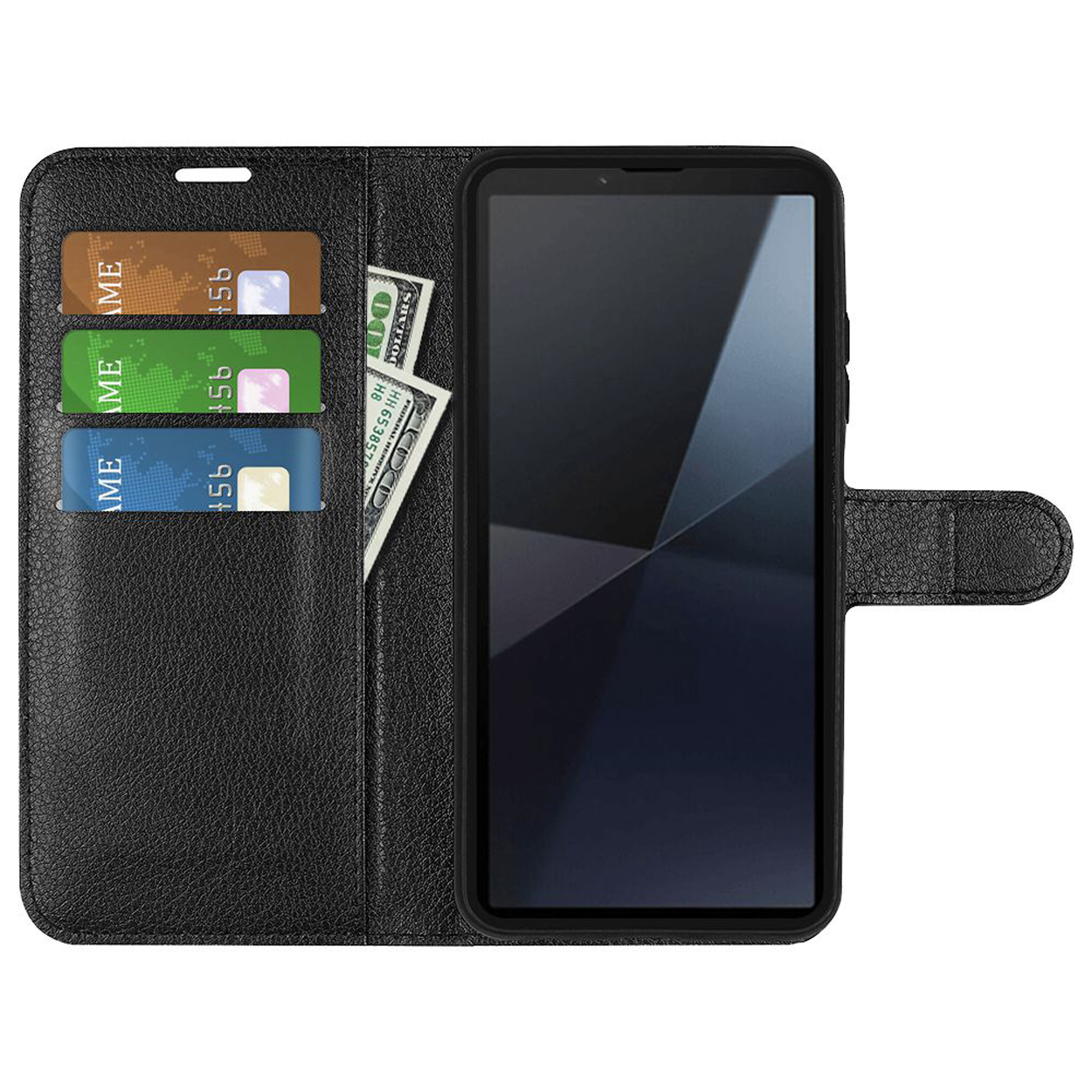 Zwarte telefoonhoes met kaarten en geld erin. Telefoon is zichtbaar.