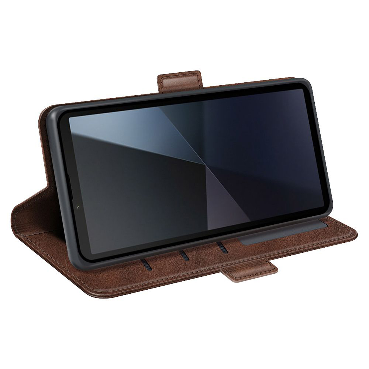 Tablet in een bruine leren portemonneehoes, met het scherm aan.