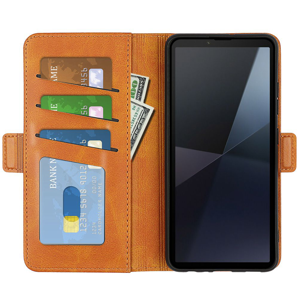 Oranje telefoonhoes met kaarten en geld erin. Telefoon zit in de hoes. Witte achtergrond.