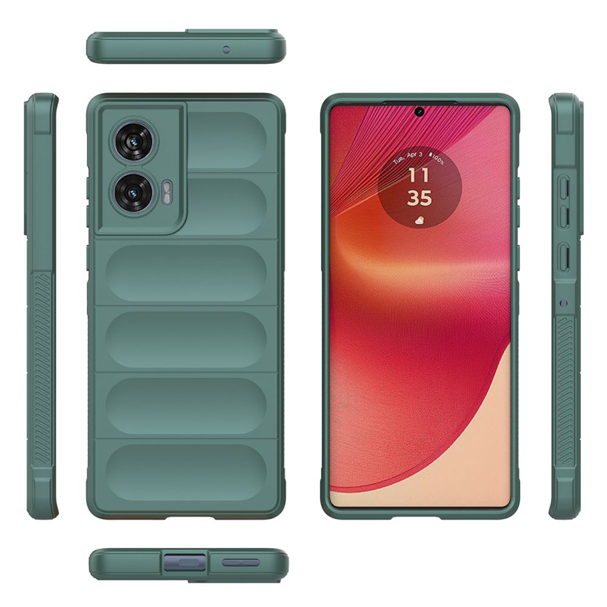 Groene telefoonhoes, verschillende aanzichten. Telefoon toont tijd: Di, 3 apr, 11:35.
