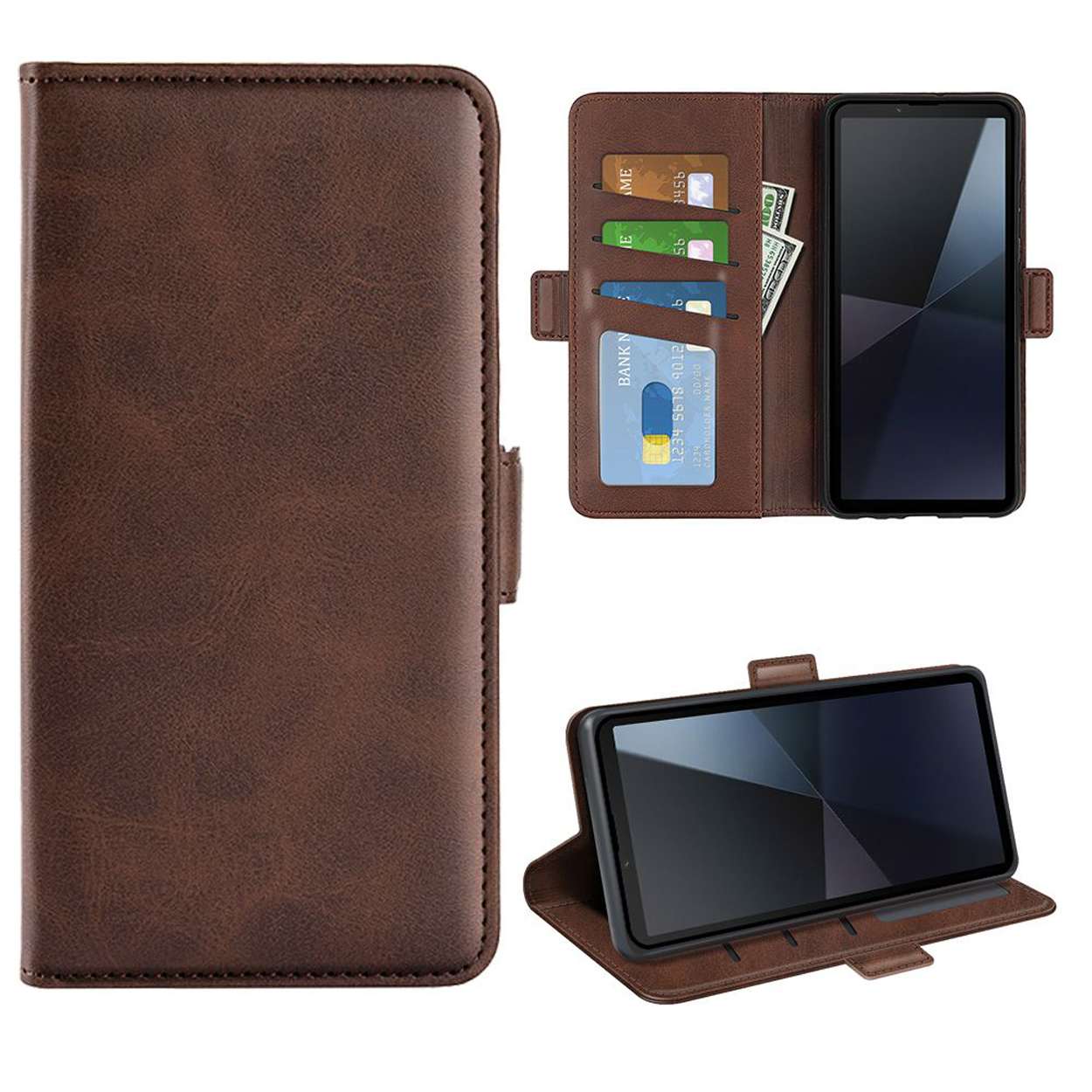 Bruine telefoonhoes open. Telefoon in de hoes, kaarten en contant geld in de flap. Telefoon in open positie.