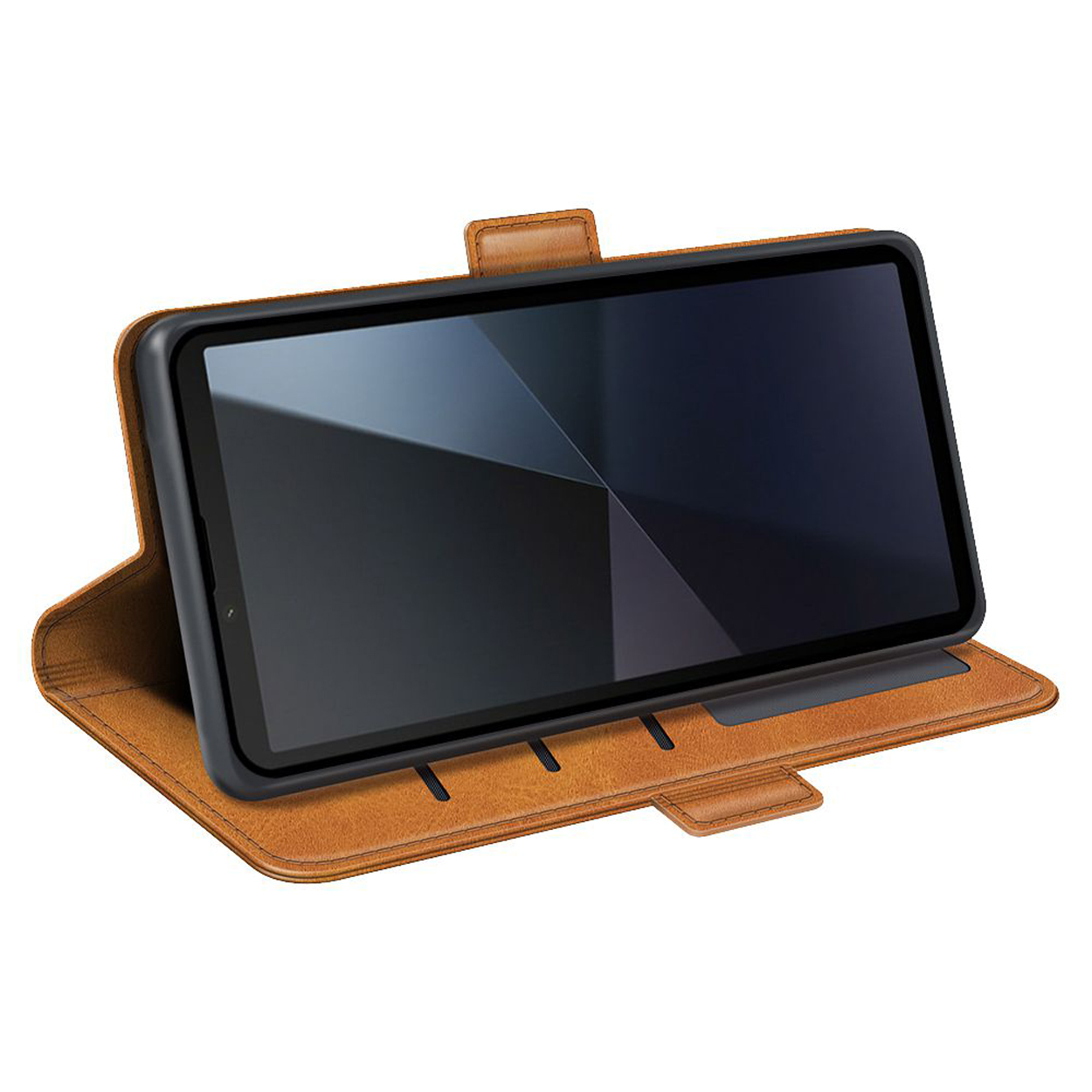 Bruine tablethoes, open, met een tablet erin op een witte achtergrond.