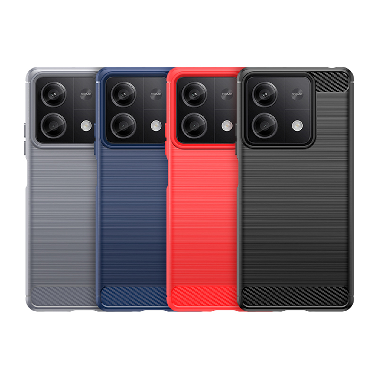 Vier telefoonhoesjes in grijs, blauw, rood en zwart. Alle hoesjes zijn vergelijkbaar.