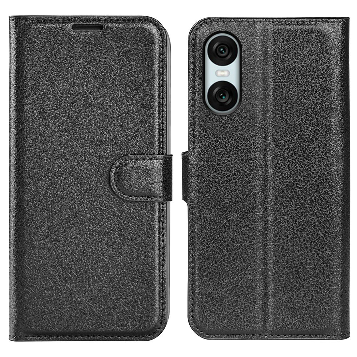 Zwarte leren telefoonhoes, gesloten en open. Toont de cameramodule van de telefoon.