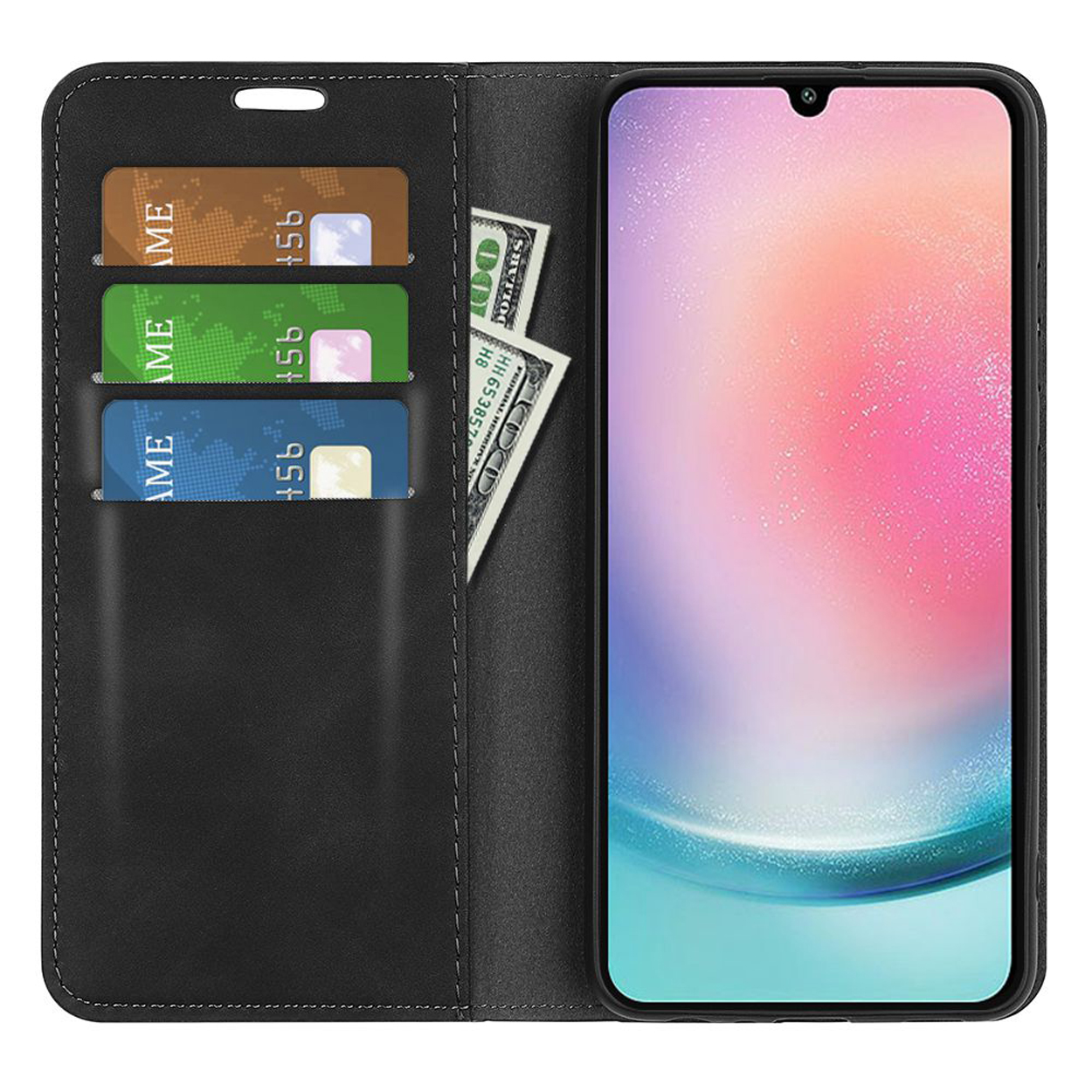 Zwart telefoonhoesje open, met kaarten en geld.