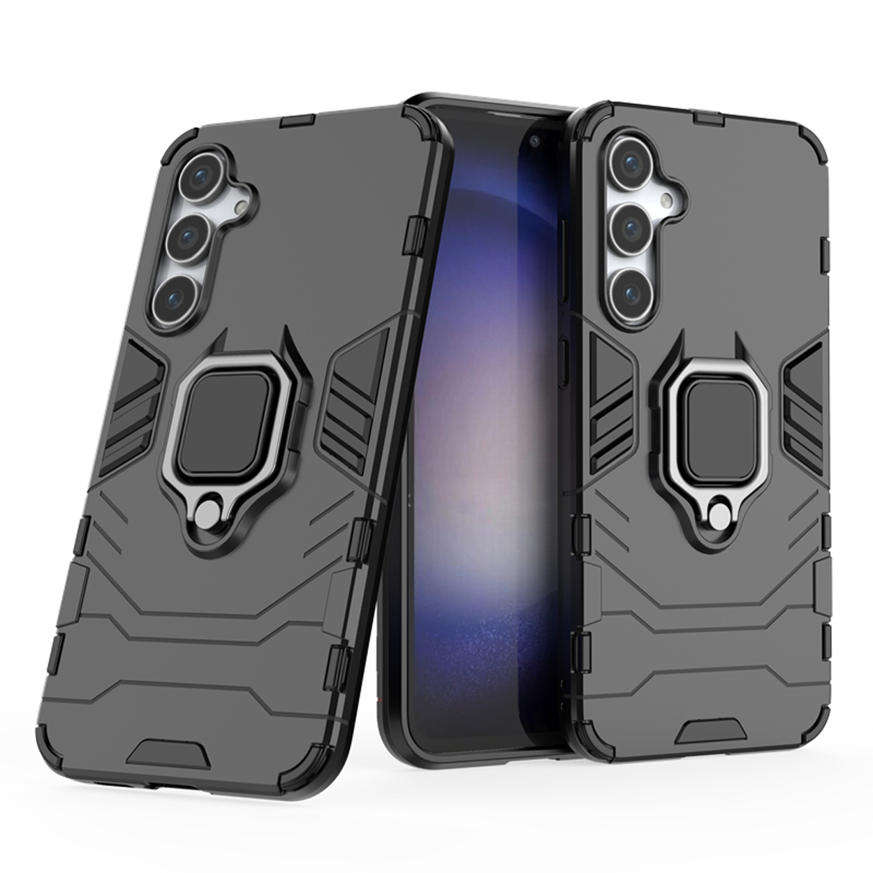 Grijze en zwarte telefoonhoes met een ringhouder. Telefoon is gedeeltelijk zichtbaar.
